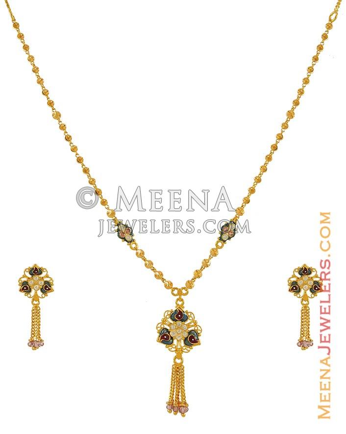 22k Meenakari Light CZ set StGd7482 22k fancy necklace earring light set with meenakari
