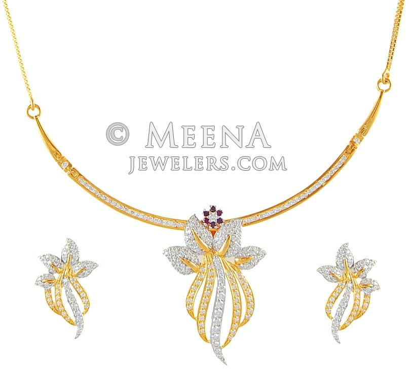 22K signity necklace set - StGd4704 - 22kt gold necklace and earring ...