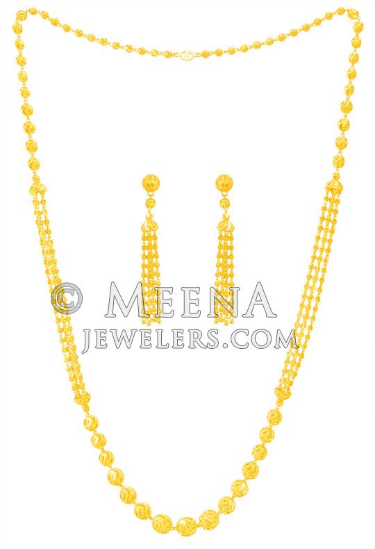 22k Gold Long Necklace Set - StGo23706 - 22k Gold balls necklace and