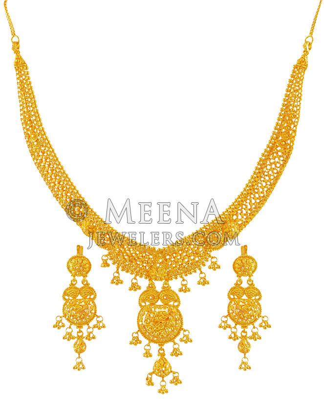 22Kt Gold Necklace Earring Set - StGo17781 - Indian style net pattern ...