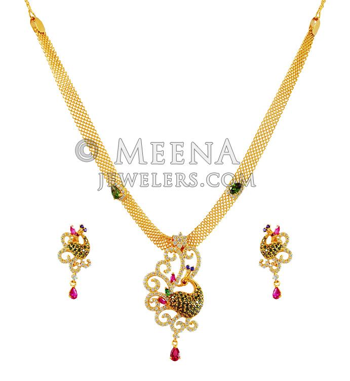22K Peacock Signity Necklace Set - stgd15767 - Stunning 22k Gold ...