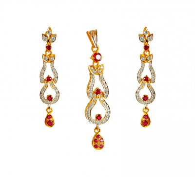 22K  Gold Ruby CZ Pendant Set ( Precious Stone Pendant Sets )