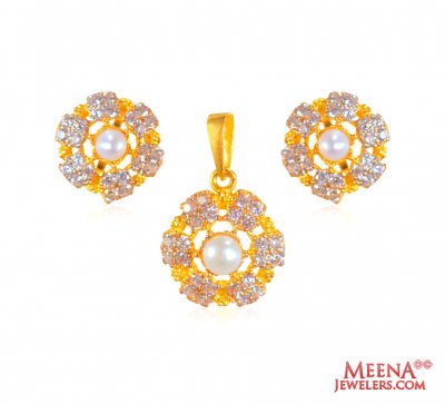 22K Gold Pearl CZ Pendant Set ( Fancy Pendant Set )