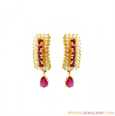 22K Gold Ruby With Pearl Earrings ( Precious Stone Earrings )
