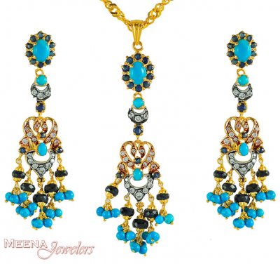 22Kt Gold Turquoise Pendant Set ( Precious Stone Pendant Sets )