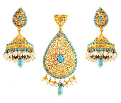 22K Turquoise And Pearl Pendant set ( Precious Stone Pendant Sets )