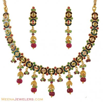 22K Antique Meenakari Set ( Antique Necklace Sets )