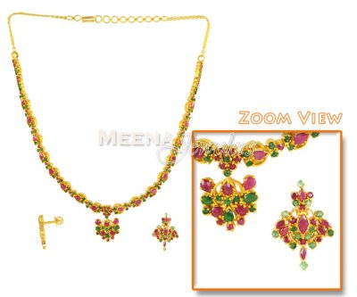 22K Gold Ruby and Emerald 3 Piece Set ( Combination Necklace Set )