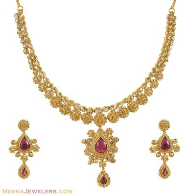 22Kt Diamond Polki Necklace Set ( Diamond Necklace Sets )