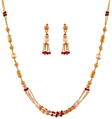 Pearl Ruby Necklace Set 22K ( Gold Designer Sets )