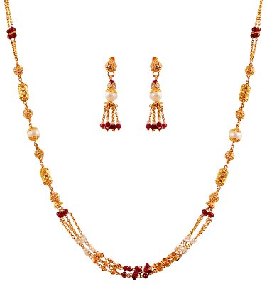 Pearl Ruby Necklace Set 22K ( Gold Designer Sets )