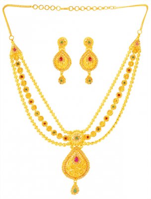 22Karat Gold Designer Necklace Set ( Precious Stone Sets )