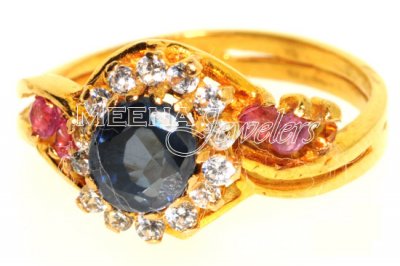 Gold Ring with Saffire, CZ and Ruby ( Ladies Rings with Precious Stones )