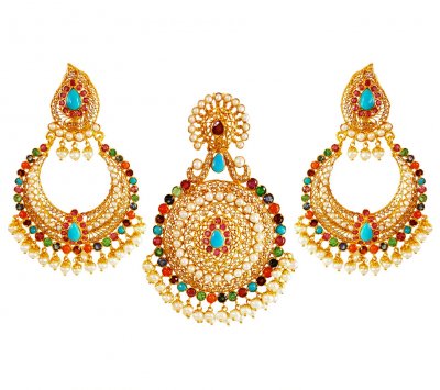 22kt Gold Chand Bali Pendant Set ( Precious Stone Pendant Sets )