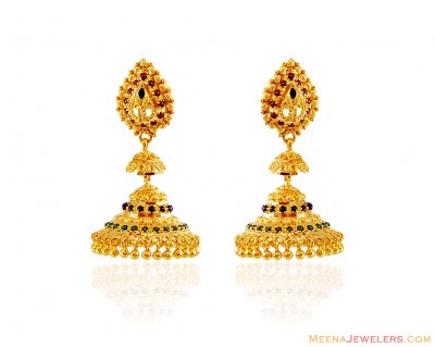 22K Meenakari Jhumki Earrings ( 22Kt Gold Fancy Earrings )