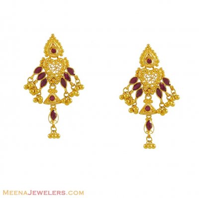 22K Gold Earrings with Ruby ( Precious Stone Earrings )