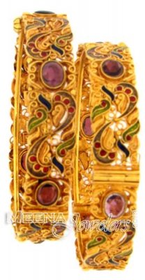 22 Kt Antique Gold Bangle With Garnet Stone ( Antique Bangles )