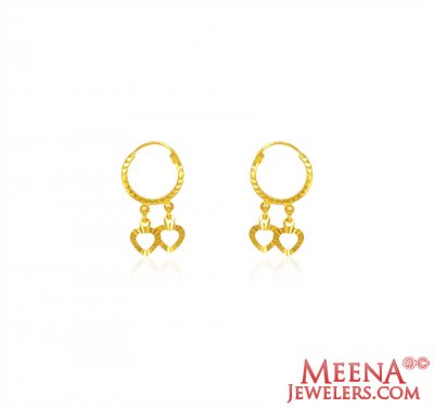 22K Gold Heart Hanging Earrings ( Hoop Earrings )