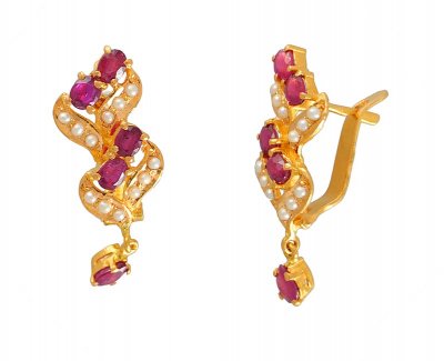 Gold Ruby and Pearl Earrings ( Precious Stone Earrings )