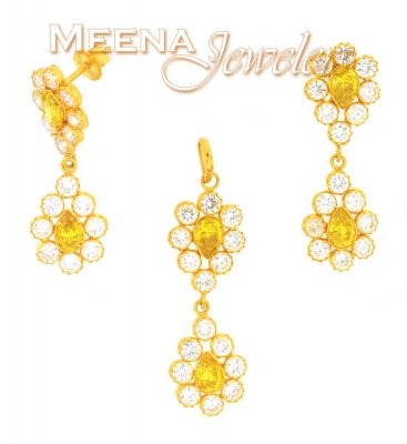 22kt Gold Pendant and Earrings Set with yellow Tourmaline ( Fancy Pendant Set )