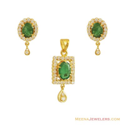 22K Emerald,CZ Pendant Set ( Precious Stone Pendant Sets )