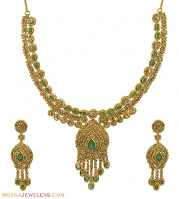 22K Designer Emerald Diamond Set ( Diamond Necklace Sets )