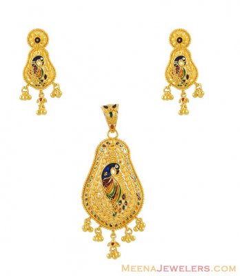 MeenaKari Pendant set with Peacock Design ( Gold Pendant Sets )