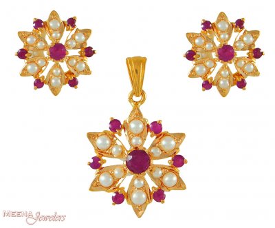 22Kt Gold Ruby, Pearl Pendant Set ( Precious Stone Pendant Sets )