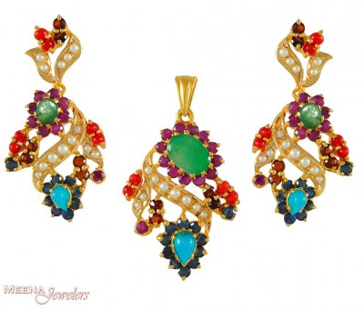 Gold Navaratan Pendant Set ( Precious Stone Pendant Sets )