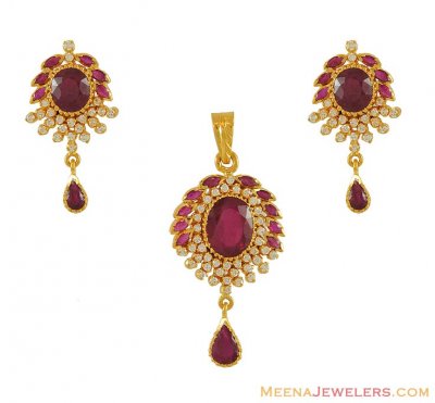 22k CZ Ruby Pendant Set ( Precious Stone Pendant Sets )