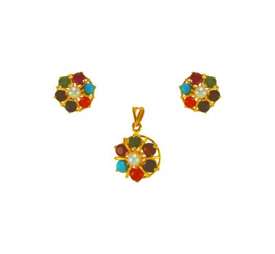 22Kt Gold Navratna Pendant Set ( Precious Stone Pendant Sets )