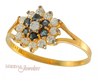 Gold Ring with Saffire and CZ ( Ladies Rings with Precious Stones )