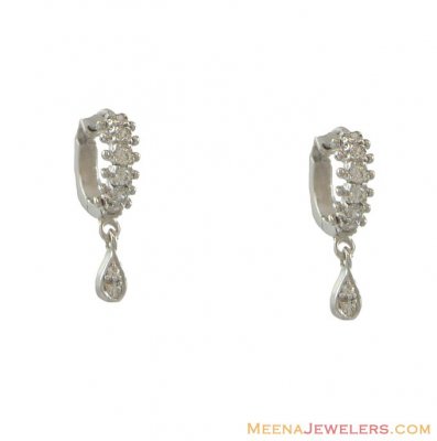 18K Clip On Earrings With Drop ( White Gold Earrings )