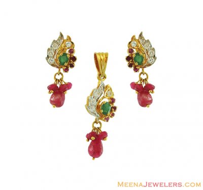 22K Ruby, Emerald Pendant Set ( Precious Stone Pendant Sets )