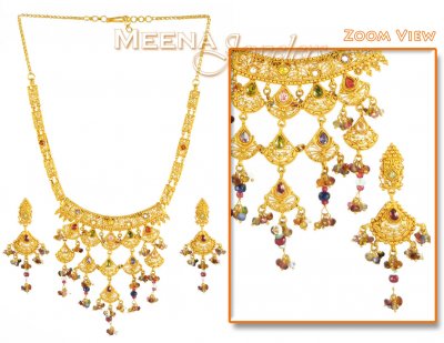 22Kt Antique Necklace Set with Stones ( Antique Necklace Sets )