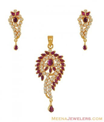 22K Fancy Ruby Cz Pendant Set ( Precious Stone Pendant Sets )