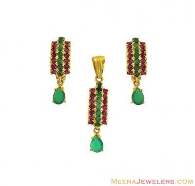 22K Gold Ruby Emerald Pendant Set ( Precious Stone Pendant Sets )