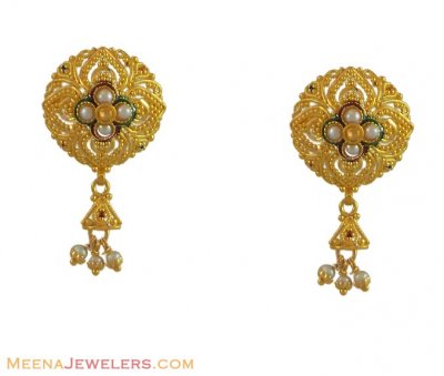 22k Hanging Pearl Earrings ( 22 Kt Gold Tops )