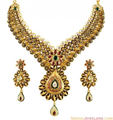 Elegant 22K Antique Necklace Set ( Antique Necklace Sets )