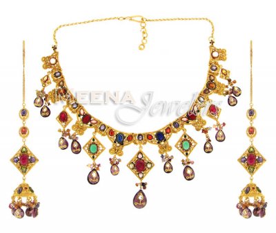 22K Antique Gold Necklace Set ( Antique Necklace Sets )