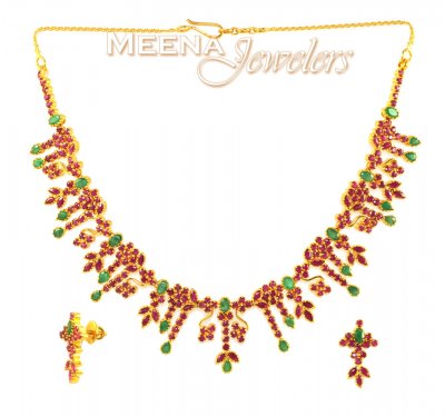 22K Gold Ruby And Emerald Set ( Combination Necklace Set )