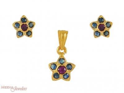 22Kt Sapphire , Ruby Pendant Set ( Precious Stone Pendant Sets )