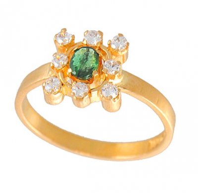 Gold Ring with Emerald and CZ ( Ladies Rings with Precious Stones )