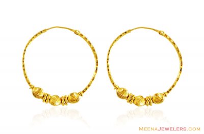 22k Fancy Gold Hoops with Gold Ball ( Hoop Earrings )