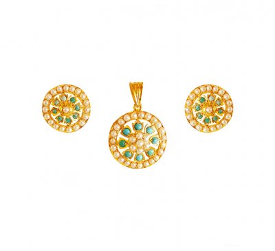 22K Turquoise And Pearl Pendant set ( Precious Stone Pendant Sets )