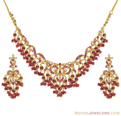 22k Gold Ruby And Pearl Necklace Set ( Ruby Necklace Sets )