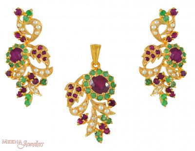 Gold Precious Stoned Pendant Sets ( Precious Stone Pendant Sets )