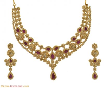 22Kt  Gold Designer  Polki Set ( Diamond Necklace Sets )