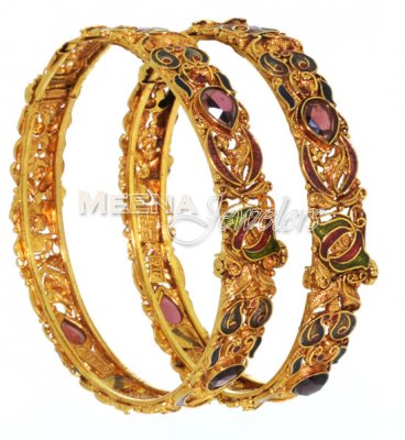 22 Kt Antique Gold Bangles With Meenakari and CZ ( Antique Bangles )