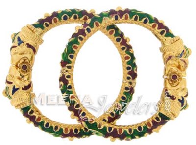 22 Kt Antique Gold Meena work Bangles, 2 pcs ( Antique Bangles )